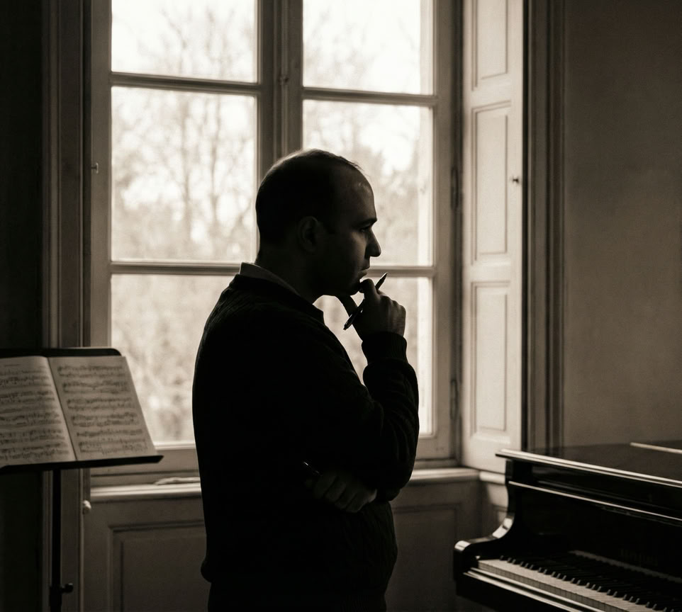 ORBYX Instrumental Composer – Profile of the artist at the piano creating cinematic soundtracks.